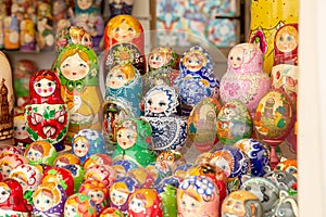 MOSCOW, RUSSIA - FEBRUARY 13,2019: Large selection of matryoshkas Russian souvenirs at the gift shop. Nesting dolls are