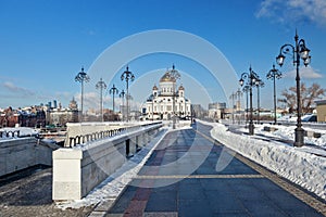 Moscow, Russia - February 22, 2018: Facade of Cathedral of Christ the Saviour in Moscow at sunny winter morning.