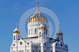 Moscow, Russia - February 01, 2018: Cathedral of Christ the Saviour with golden domes in Moscow on a blue sky background at sunny