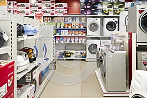 Moscow, Russia - February 02. 2016. Interior of Eldorado is large chain stores selling electronics