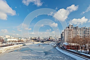 Moscow, Russia - February 22, 2018: Kremlin and the Variety Theatre, bridge and Moscow river. photo