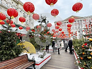 Moscow, Russia, February, 11, 2024. People walking along Tverskaya Square in Moscow during the Chinese New Year