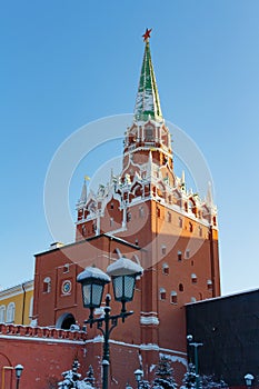 Moscow, Russia - February 01, 2018: Tower of Moscow Kremlin closeup on a sunny winter day. Views from Alexandrovsky garden