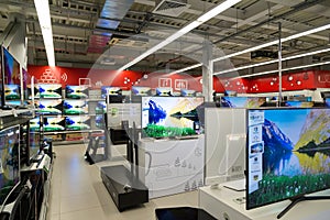 Moscow, Russia - February 02. 2016. TV in Eldorado is large chain stores selling electronics