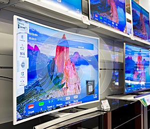 Moscow, Russia - February 02. 2016. TV in Eldorado is large chain stores selling electronics