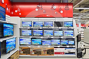 Moscow, Russia - February 02. 2016. TV in Eldorado is large chain stores selling electronics