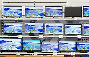 Moscow, Russia - February 02. 2016. TV in Eldorado is large chain stores selling electronics