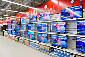 Moscow, Russia - February 02. 2016. TV in Eldorado is large chain stores selling electronics