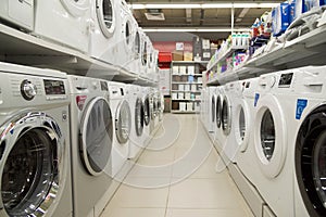 Moscow, Russia - February 02. 2016. Washing machine in the Eldorado, large chain stores selling electronics