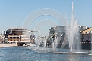 Moscow, Russia - 09.21.2015. Fountains on Moscow river drainage channels