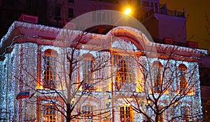 Moscow, Russia - January 2018: Christmas decoration of the streets of Moscow. Festively decorated buildings in center of Moscow