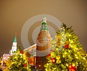 MOSCOW, RUSSIA - JANUARY 2018: Christmas lighting and decorated Christmas tree on Manezhnaya Square in the center of the city.