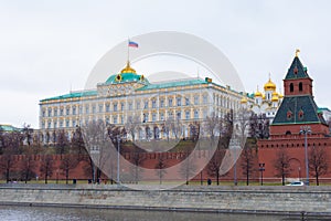 Moscow, Russia - January 7, 2020: The Grand Kremlin Palace is towering and tower of the Kremlin wall. The historic building of the