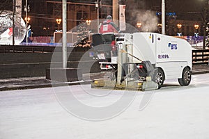 Moscow, Russia - January 2019, Russian Exhibition Center, empty ice rink, hockey and skating arena outdoors the ice harvester