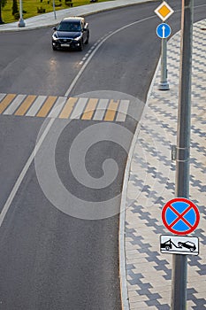 Moscow, Russia - July 08, 2022: road sign no stop. View of the road from above