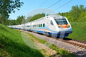 MOSCOW, RUSSIA, JULY 12, 2010: High speed train Pendolino Sm6 ALLEGRO runs on the railway test ring. White high speed train