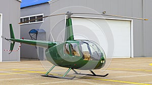 MOSCOW, RUSSIA - July 21, 2014:Robinson R44 is four-seat light helicopter. One of world's most popular helicopters with twin