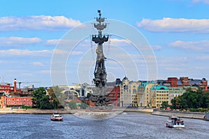 Moscow, Russia - July 30, 2018: Monument to russian Tsar Peter the Great on an artificial island at separation of Moskva river and