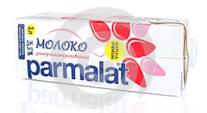 Moscow, Russia - July 28, 2020: PARMALAT ultra pasteurized milk in a carton retail pack with plastic cap isolated on white