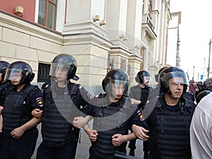 Moscow, Russia - July 27, 2019. Riot police at an opposition protest rally for fair elections to the Moscow City Duma