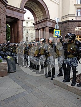 Moscow, Russia - July 27, 2019. Riot police at an opposition protest rally for fair elections to the Moscow City Duma