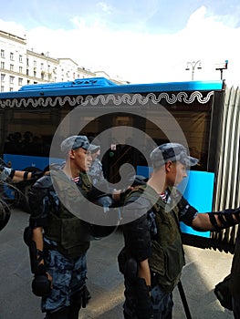 Moscow, Russia - July 27, 2019. Riot police at an opposition protest rally for fair elections to the Moscow City Duma