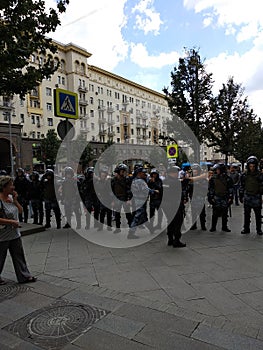 Moscow, Russia - July 27, 2019. Riot police at an opposition protest rally for fair elections to the Moscow City Duma