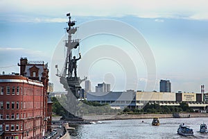 Moscow, Russia - July 23, 2021: View of Moscow River and statue of Peter The Great