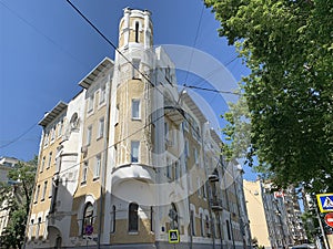 Moscow, Russia, June. 20, 2019.  Kazarmenny pereulok, apartment house N.G. Tarkhova and G. I. Makaev,  architect G. I. Makaev, 190