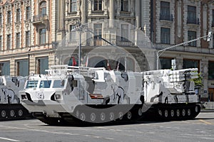 Arctic self-propelled anti-aircraft missile systems Pantsir-SA on Tverskaya Street during the dress rehearsal of the parade dedica photo