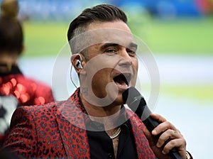 British singer Robbie Williams performing at the opening ceremony of FIFA World Cup 2018 in Russia.