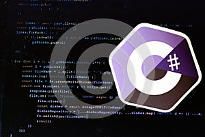 Moscow, Russia - 1 June 2020: C sharp logo sign with program code on background Illustrative Editorial