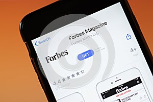 Moscow, Russia - 1 June 2020: Forbes Magazine app mobile logo close-up on screen display, Illustrative Editorial