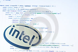 Moscow, Russia - 1 June 2020: Intel logo sign with program code on background Illustrative Editorial