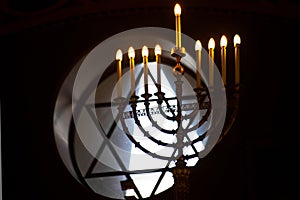 Intnnier of the Moscow Choral Synagogue.Nine-leafed or menorrhate Hanukkah, Hanukkah lamp photo