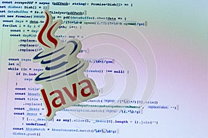 Moscow, Russia - 1 June 2020: Java logo sign with program code on background Illustrative Editorial