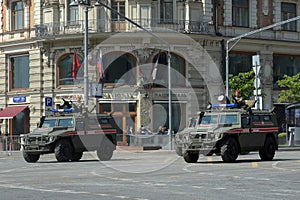 Multi-purpose armored car `Tiger-M` of the military police on the street of Moscow during the dress rehearsal of the Victory parad