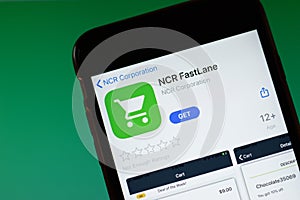 Moscow, Russia - 1 June 2020: NCR FastLane app mobile logo close-up on screen display, Illustrative Editorial