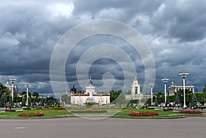 Moscow, Russia - June 30, 2021: Panoramic view Pavilion No. 58. Center Word, the Stone Flower fountain and Pavilion No. 59.