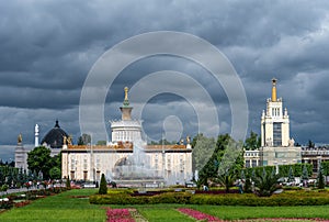 Moscow, Russia - June 30, 2021: Panoramic view Pavilion No. 58. Center Word, the Stone Flower fountain and Pavilion No. 59.