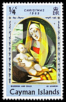 Postage stamp printed in Cayman Islands shows The Virgin and Child about 1483, Alvise Vivarini, Christmas 1969 serie, circa 1969
