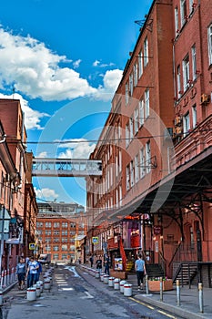 Street view in Krasny Oktyabr Red October redeveloped area in Moscow, Russia