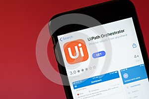 Moscow, Russia - 1 June 2020: UiPath Orchestrator app mobile logo close-up on screen display, Illustrative Editorial