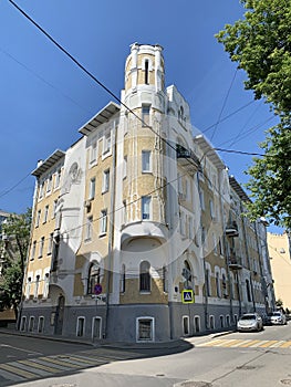 Moscow, Russia, June. 20, 2019. Moscow, Kazarmenny pereulok, apartment house N.G. Tarkhova and G. I. Makaev,  architect G. I. Maka