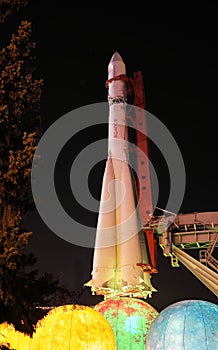 Moscow, Russia. Launch vehicle `Vostok` in VDNH. Night view.