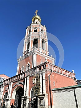 Moscow, Russia, March, 03, 2024. Ansient bell tower of the Vysoko-Petrovsky Monastery