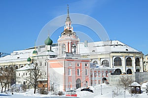 Moscow, Russia, March, 06, 2018. Bell tower of Znamensky monastery and church of Maxim the blessed 1698-1699 years built on Varv