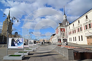 Moscow, Russia - March 14, 2016. advertising the Moscow Easter Festival RZD on square in front of Kazansky station