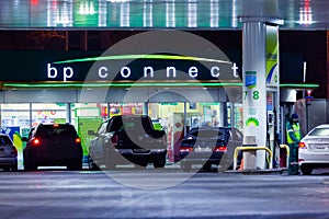 MOSCOW, RUSSIA - MARCH 20, 2018: The car drove up to the BP Connect petrol station on the highway in the busy Moscow