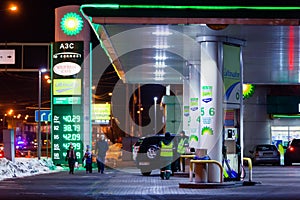 MOSCOW, RUSSIA - MARCH 20, 2018: The car drove up to the BP Connect petrol station on the highway in the busy Moscow
